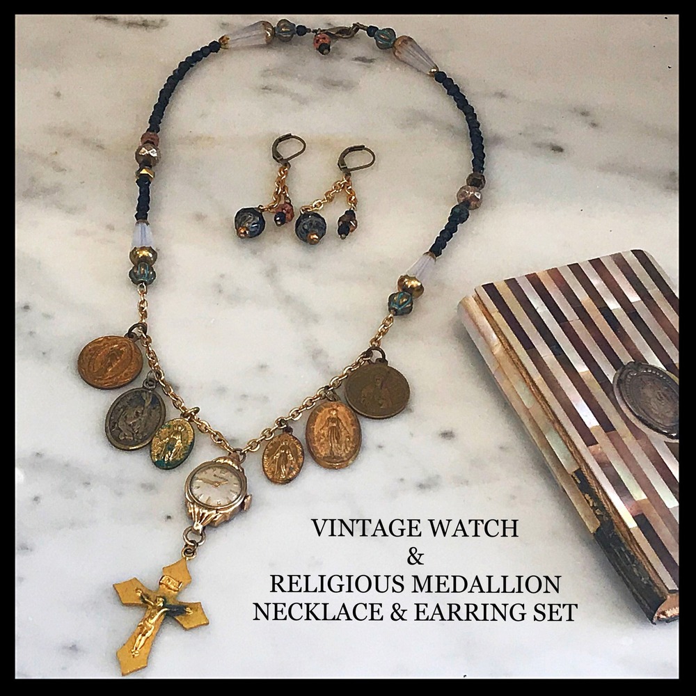 Upcycled Religious Medallion & Vintage Watch Charm Necklace Earring‎ Set